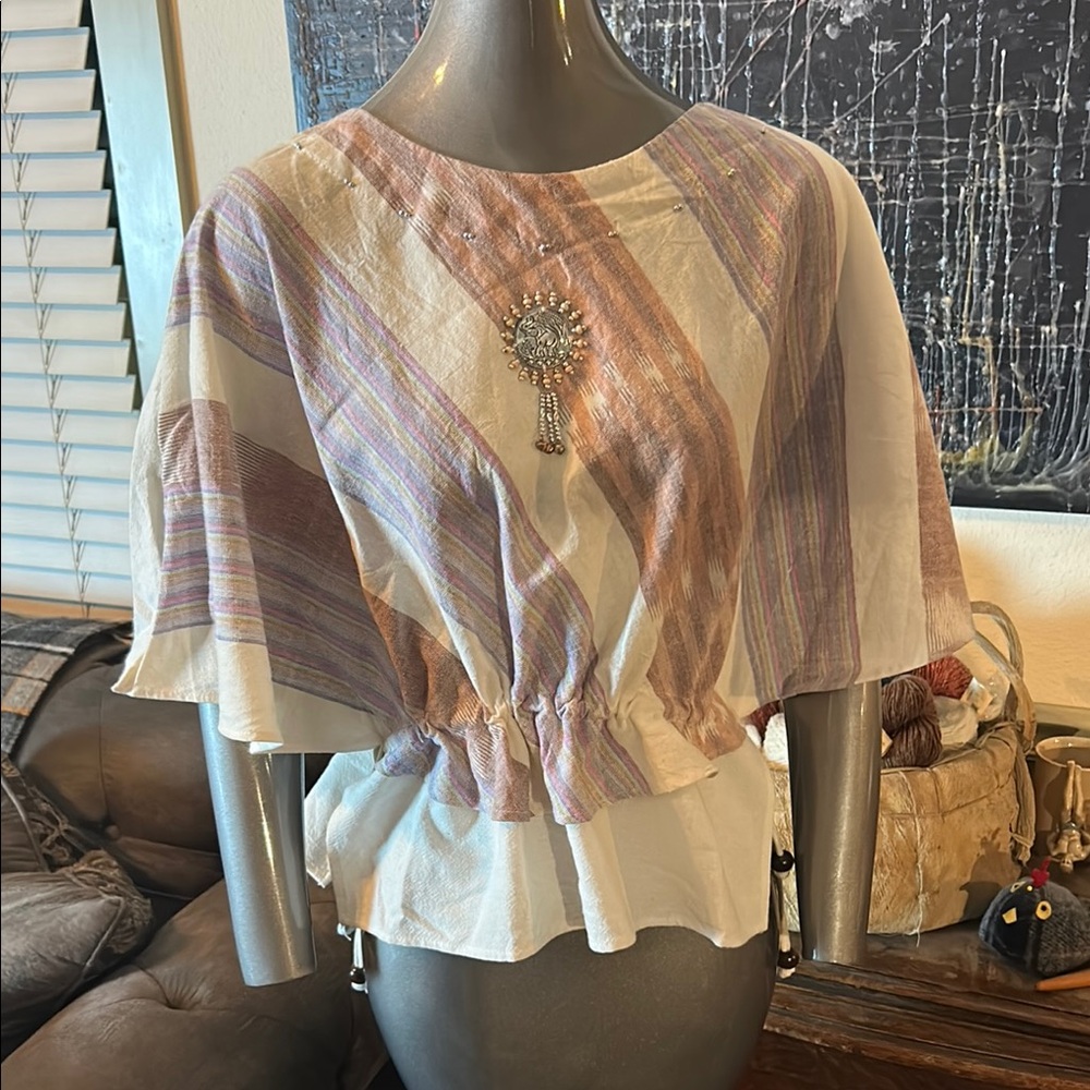 Vintage 1980’s Angel Sleeve Pastel Stripe Top with Metal Elephant & Beads